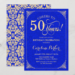 50. Geburtstag - Gold Royal Blue Damask Einladung