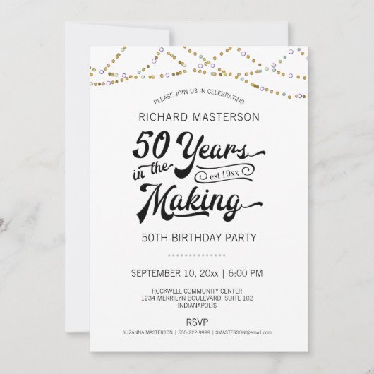 50. Geburtstag Gold String Lights Einladung (Vorderseite)