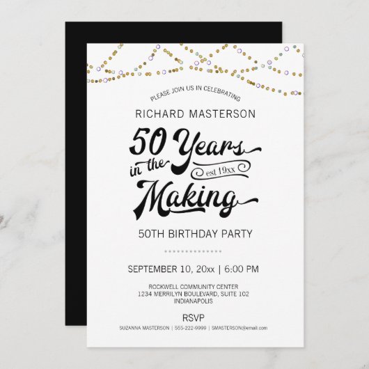 50. Geburtstag Gold String Lights Einladung (Vorne/Hinten)