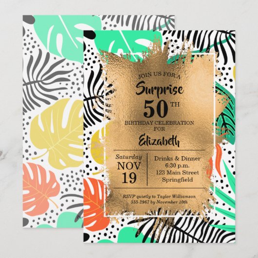 50. Geburtstag Gold und moderne tropische Einladun (Vorne/Hinten)