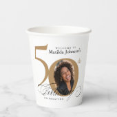 50. Geburtstag Gold Weißkalligrafie Custom Foto Pappbecher (Rückseite)