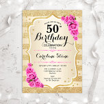 50. Geburtstag - Goldene Streifen Rosen Einladung<br><div class="desc">Einladung zum 50. Geburtstag. Elegantes Design in Gold und Rosa. Features Imitate Glitzer goldene Streifen,  rosa Rosen stilvolle Skript-Schriftart und Konfetti. Ideal für eine gläserne Geburtstagsfeier.</div>