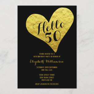 50. Geburtstag Hallo 50 Schwarz   Faux-Gold-Herz Einladung