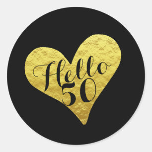 50. Geburtstag Hallo 50 Schwarz   Faux-Gold-Herz Runder Aufkleber