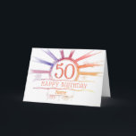 50. Geburtstag - handgezeichneter mehrfarbiger Son Karte<br><div class="desc">50. Geburtstagskarte. Alter 50, mehrfarbiger Radialsonnenbrand und kleine Blume - hell, handgezeichnet, in Fotoshop farbig. Anpassbarer Text: auf der Vorderseite der Karte: Happy Birthday und Name. Anpassbarer Text: Insider-Karte: Herzlichen Glückwunsch zum 50. Geburtstag. Sie können den Text nach Belieben bearbeiten oder löschen, indem Sie auf "Diese Vorlage personalisieren" klicken. Weitere...</div>