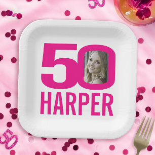50. Geburtstag hellrosa weiß 50 Foto Pappteller