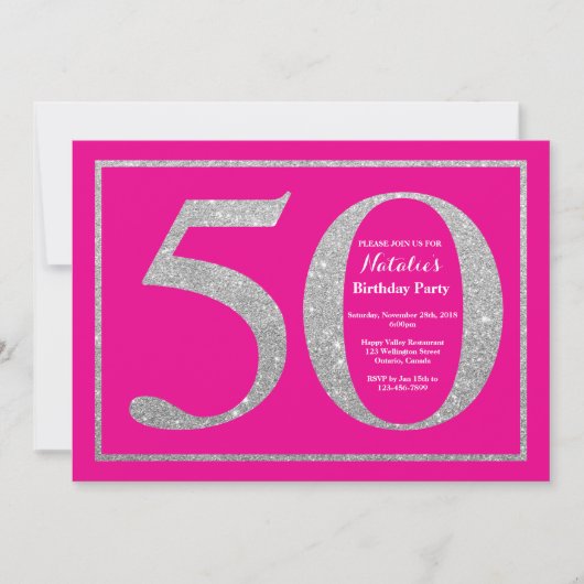 50. Geburtstag Hot Pink und Silver Glitzer Einladung (Vorderseite)
