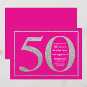 50. Geburtstag Hot Pink und Silver Glitzer Einladung (Vorne/Hinten)
