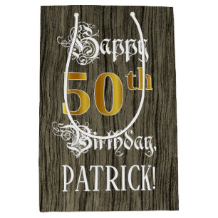 50. Geburtstag: Imitate Gold Look & Imitate Holzmu Mittlere Geschenktüte