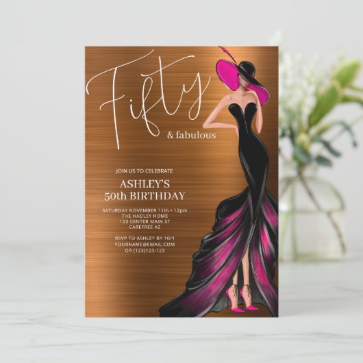 50. Geburtstag in elegantem Rosa Einladung (Stehend Vorderseite)