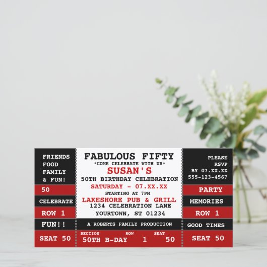 50. Geburtstag Konzert Ticket Party Einladung (Stehend Vorderseite)