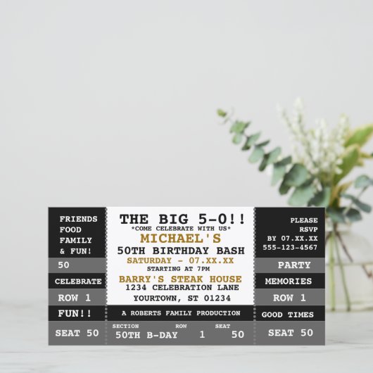 50. Geburtstag Konzert Ticket Party Einladungen (Stehend Vorderseite)