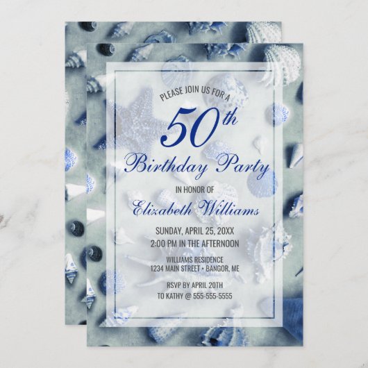 50. Geburtstag Küste Seashells Blau Einladung (Vorne/Hinten)