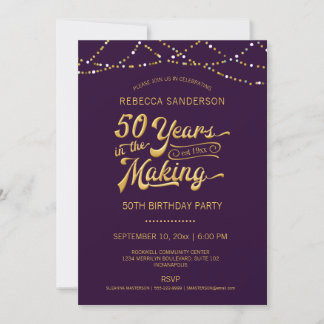 50. Geburtstag Lila Gold String Lights Einladung