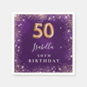 50. Geburtstag lila Rose Goldname Glitzern Serviette (Vorderseite)