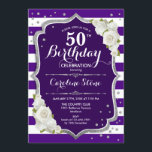 50. Geburtstag - Lila Rose mit Silberstreifen Einladung<br><div class="desc">50. Geburtstag Einladung Elegantes Blumendesign in königlich lila und weiß mit Imitaten Glitzer Silber. Weiße Rosen,  stilvoller Script-Schriftart,  Streifen und Konfetti. Ideal für eine elegante Geburtstagsfeier. Kann in jedem Alter angepasst werden!</div>