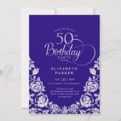 50. Geburtstag Lila Silberne Rose Einladung (Vorderseite)
