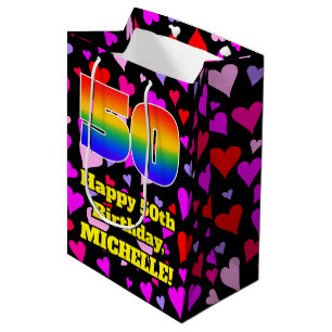 50. Geburtstag: Loving Hearts Pattern, Regenbogen  Mittlere Geschenktüte
