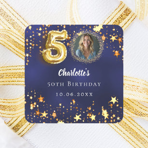 50. Geburtstag marineblau goldene Sterne Foto Quadratischer Aufkleber