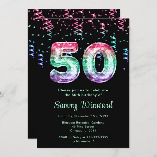 50. Geburtstag Meerjungfrau mit Confetti Einladung (Vorne/Hinten)
