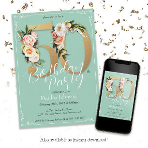 50. Geburtstag Mint Gold Blumen Vintage Glamourös Einladung