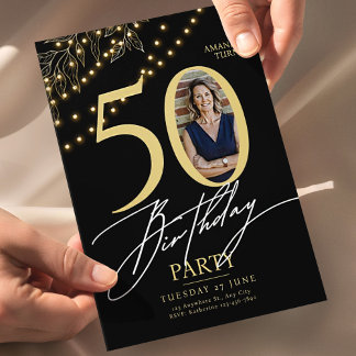 50. Geburtstag mit Foto | Elegant Schwarz & Gold Einladung