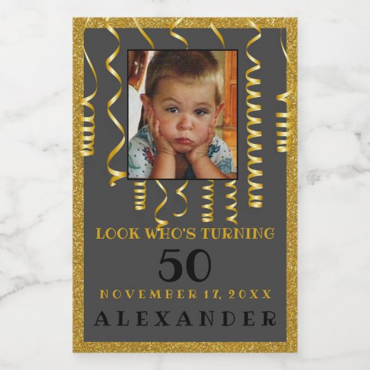 50. Geburtstag mit Foto Gold Glitzer Look Lebensmitteletikett (Einzelnes Label)