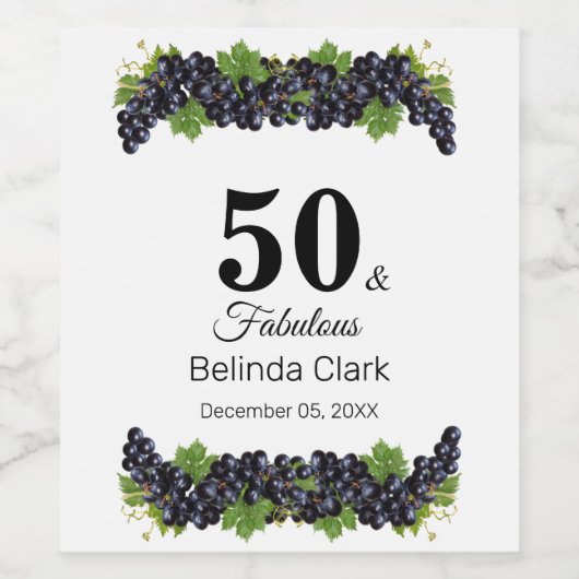50. Geburtstag mit Lila Trauben Weinetikett (Einzelnes Label)