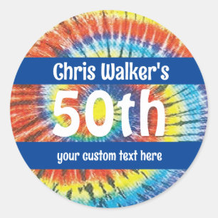 50. Geburtstag mit retro Tie Dye und Namen Runder Aufkleber