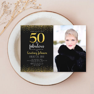 50. Geburtstag mit schwarzem Gold-Glitter-Foto Einladung