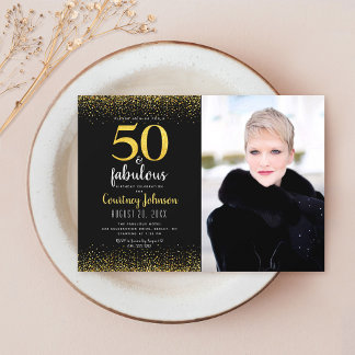 50. Geburtstag mit schwarzem Gold-Glitter-Foto Einladung