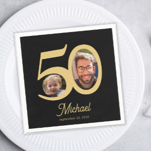 50. Geburtstag modern 2 Foto schwarz und gold Serviette