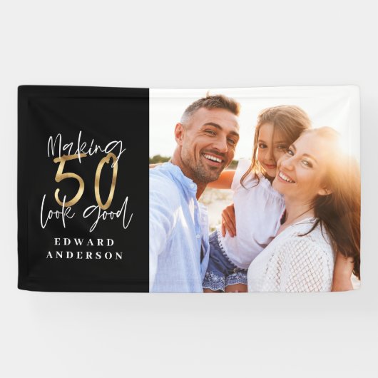 50. Geburtstag moderne Schwarz-Gold-Foto-Collage Banner (Horizontal)