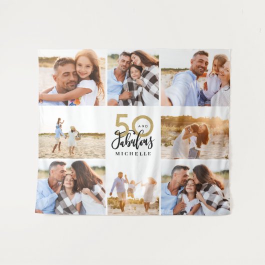 50. Geburtstag moderne Schwarz-Gold-Foto-Collage Wandteppich (Vorderseite (Horizontal))