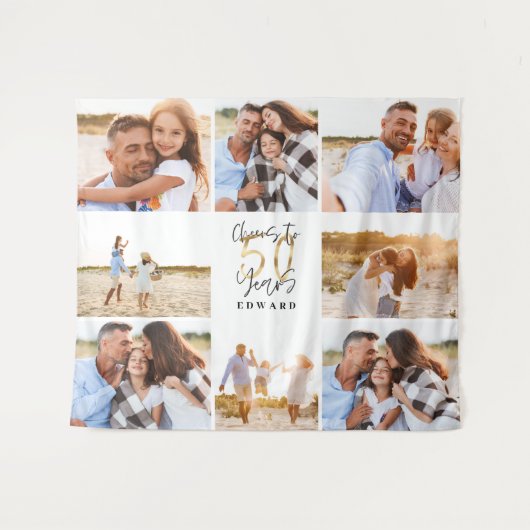 50. Geburtstag moderne Schwarz-Gold-Foto-Collage Wandteppich (Vorderseite (Horizontal))