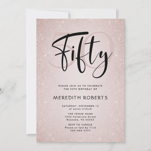 50. Geburtstag Moderne Script Rose Gold Party Einladung (Vorderseite)