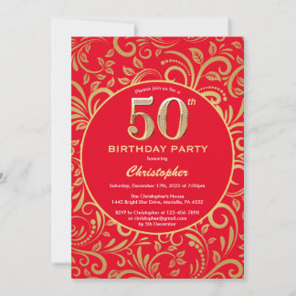 50. Geburtstag Muster Rot und Gold Floral Einladung