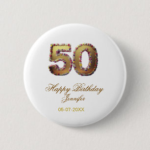 50. Geburtstag Name Datum Jahr Gold floral fett  Button