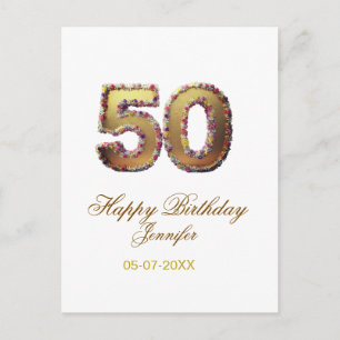 50. Geburtstag Name Datum Jahr Gold floral fett  Postkarte