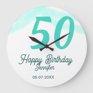 50. Geburtstag Name Datum Jahr grün Pastell fett Große Wanduhr