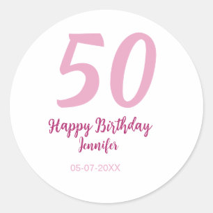50. Geburtstag Name Datum Jahr pink rot fett Runder Aufkleber