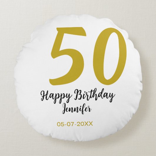 50. Geburtstag Name Datum Jahr schwarze Vorlage ge Rundes Kissen (Vorderseite)
