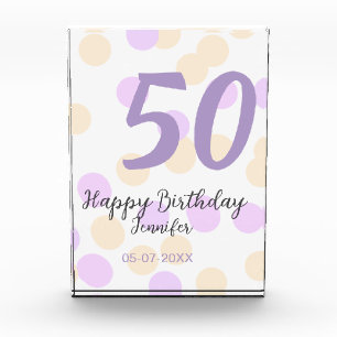 50. Geburtstag Name Datum lila orange Punkte Fotoblock