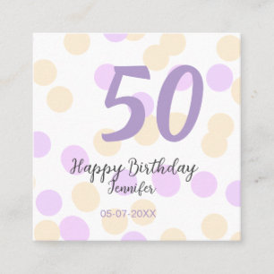 50. Geburtstag Name Datum lila orange Punkte Quadratische Visitenkarte