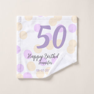 50. Geburtstag Name Datum lila orange Punkte Waschlappen