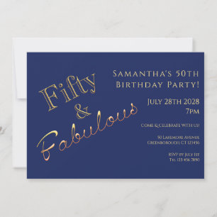 50. Geburtstag Navy Blau Goldene Party-Einladung Einladung