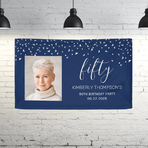 50. Geburtstag Navy Blau Silber Konfetti Foto Banner