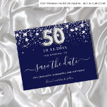 50. Geburtstag navy blauen Silber rett Datum Flyer<br><div class="desc">Bitte beachten Sie, dass dies Save the Date auf Flyer Papier und sehr dünn ist. Umschläge sind nicht enthalten. Für eine dickere Save the Date Karte (das gleiche Design) besuchen Sie bitte unseren Shop. Eine trendige und mädchenhafte Save the Date-Karte für eine 50. Geburtstagsfeier. Ein marineblau gefärbter Hintergrund. Dekoriert mit...</div>