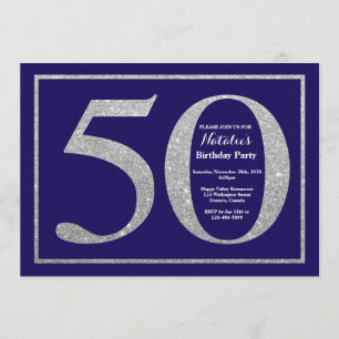 50. Geburtstag Navy Blue and Silver Glitzer Einladung