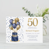 50. Geburtstag Navy Blue Balloon Cake Einladung (Stehend Vorderseite)